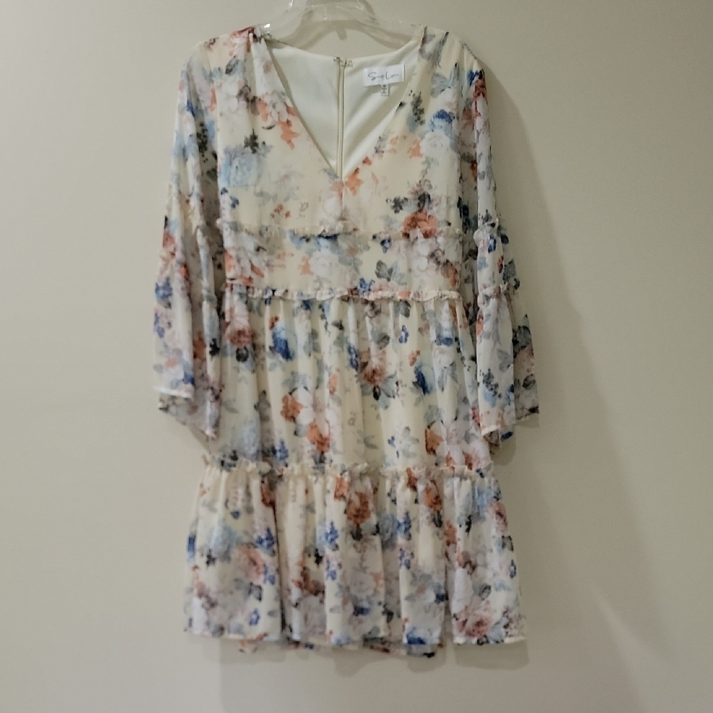 White and Blue Tiered Sundress with Bishop Sleeves